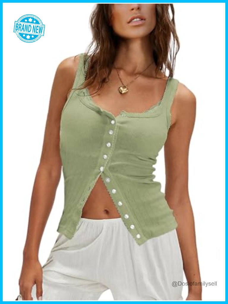 Women's Ribbed Tank Top Sleeveless Button Down Camisole Scoop Neck Cropped Top